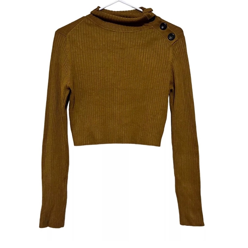 Zara Knit Brown Crop Top Long Sleeve Sweater Mock‎ Neck Pullover Blouse Size M